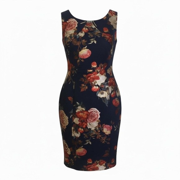Enfocus Studio Women NWT Navy Floral Rose Chain Detail Sheath Dress Size 10 - Picture 1 of 8